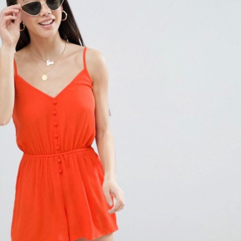 ASOS DESIGN Petite Orange Romper in Crinkle - XS